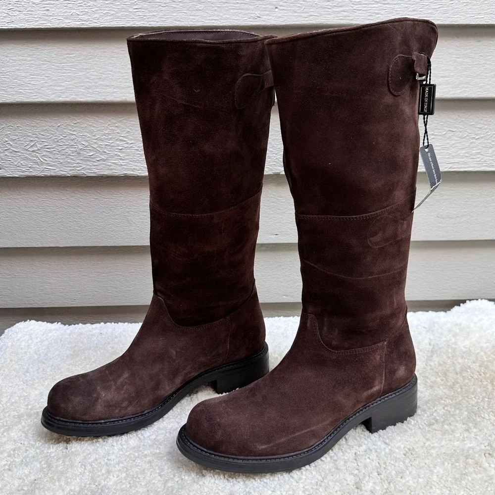 Hand Made in Italy Dark Brown Suede Knee High Riding Boots Lug Sole Women's 39